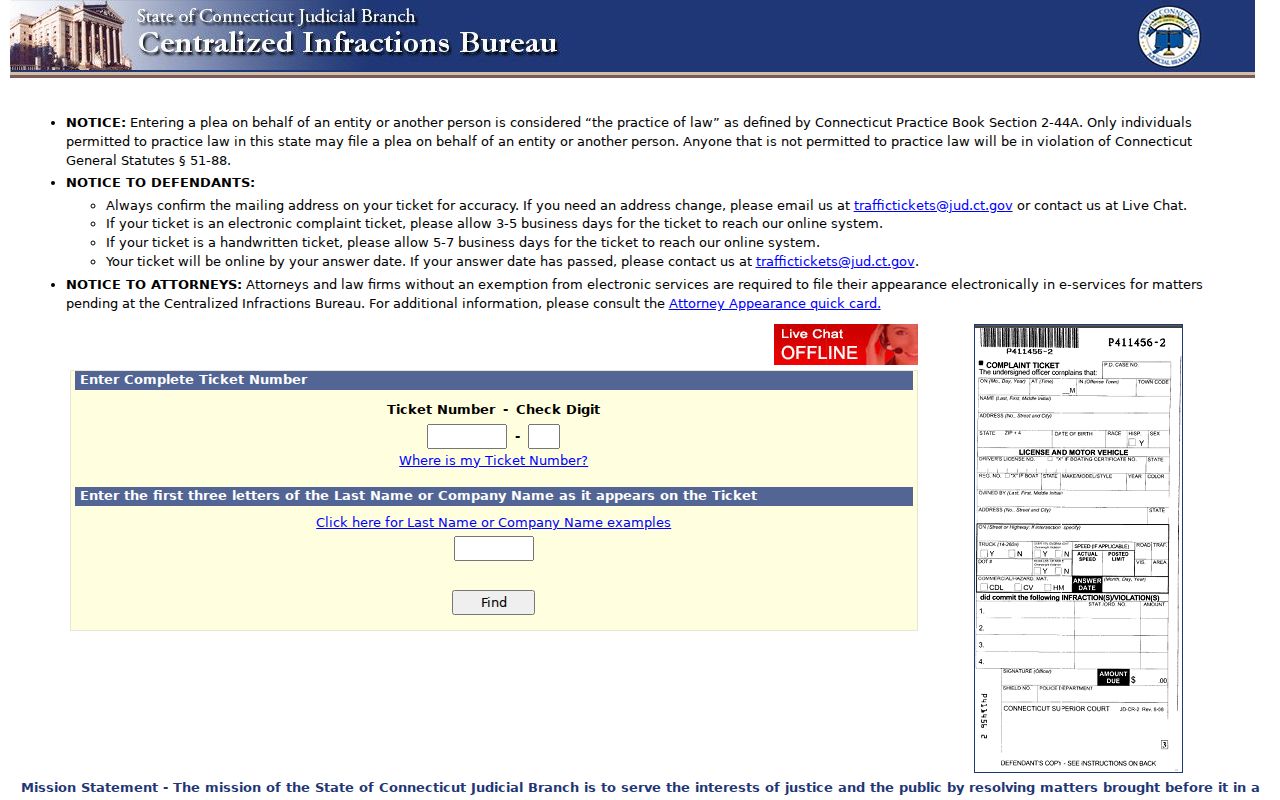 Connecticut CIB ticket search fields for Windham County traffic matters