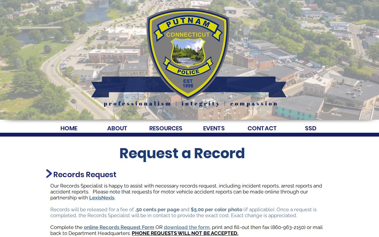 Putnam Police records request instructions for agency-held Windham County records