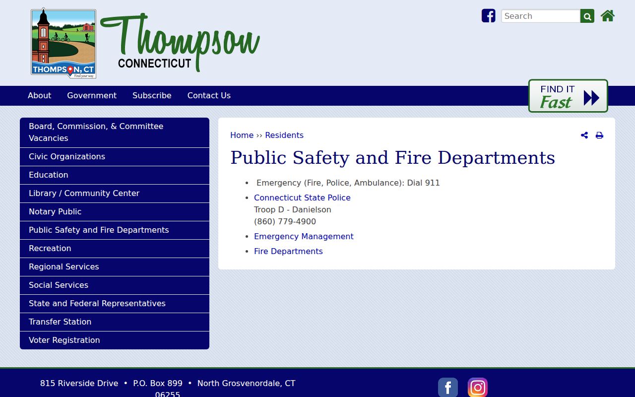 Thompson public safety page directing Windham County police matters to Troop D
