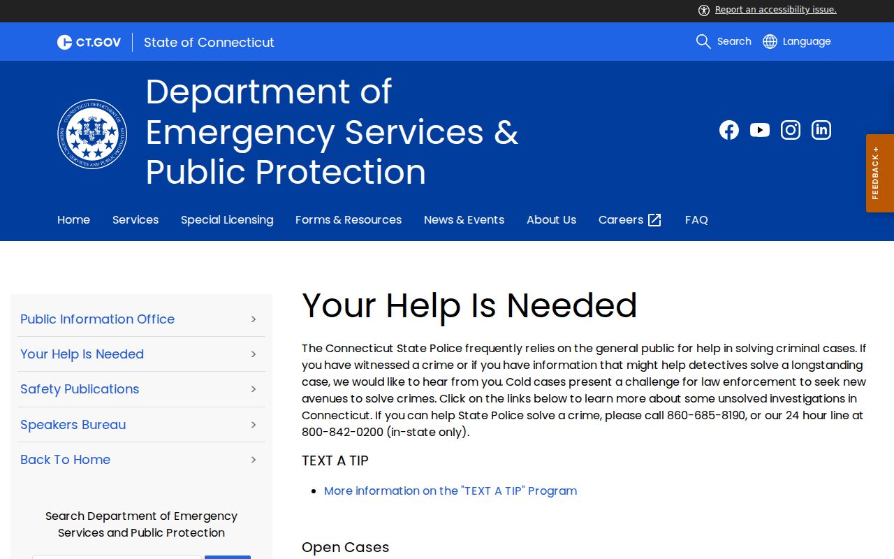 Connecticut State Police public tip program page serving Windham County