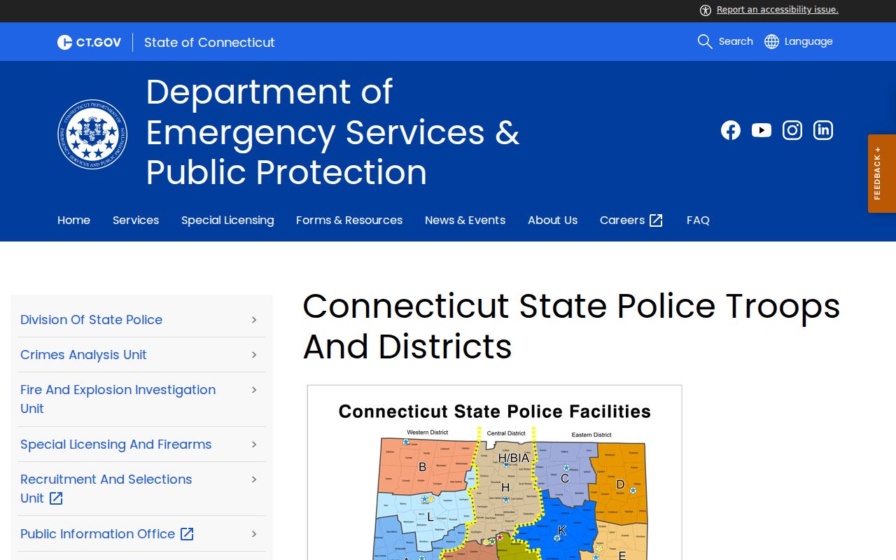 Connecticut State Police Troop D directory serving many Windham County towns