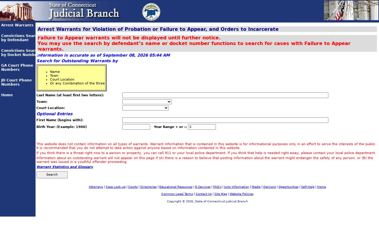 Connecticut Judicial Branch outstanding warrant search fields and warning