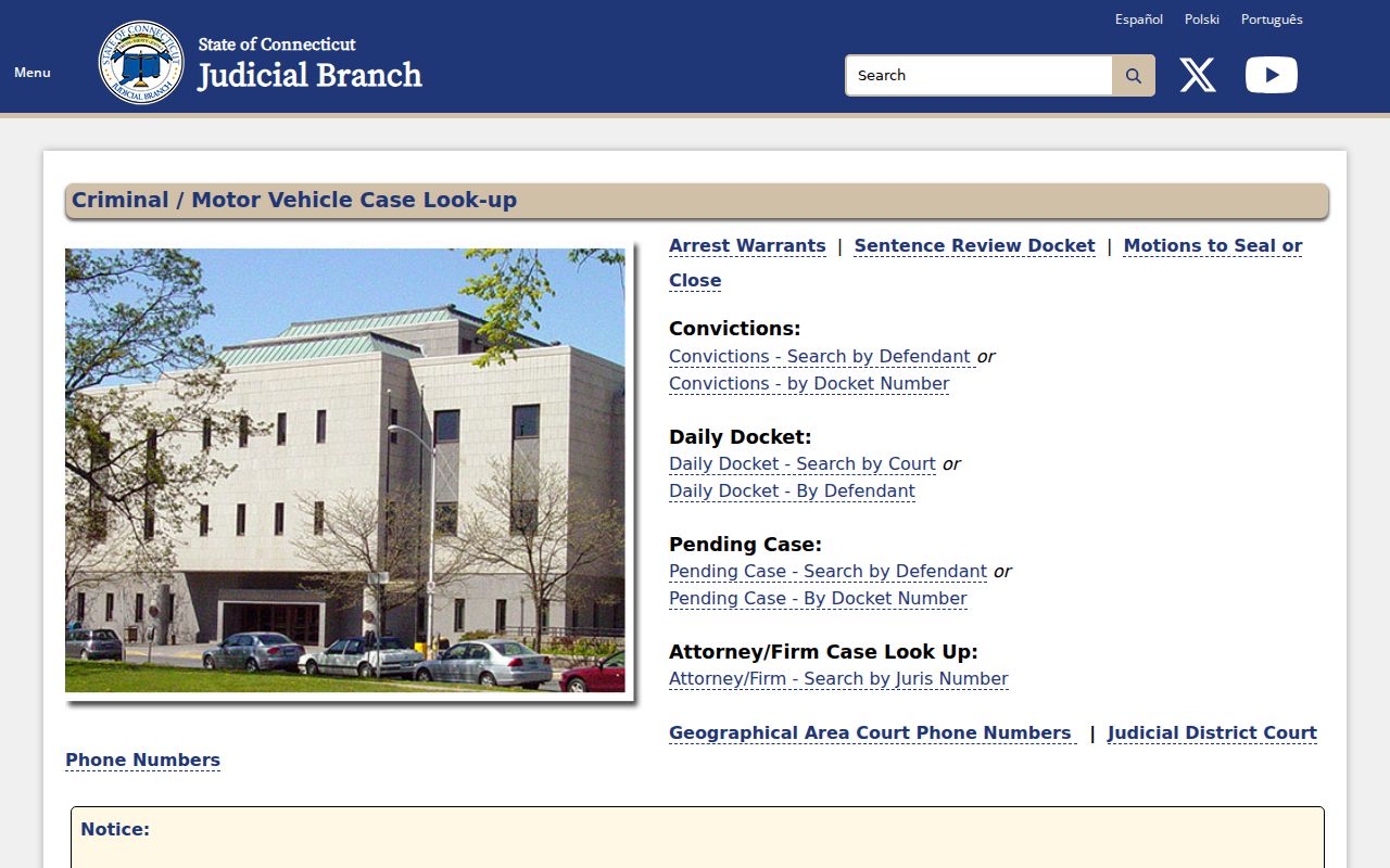 Connecticut criminal and motor vehicle case search gateway